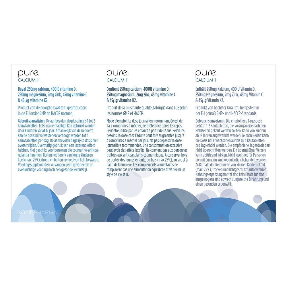 Achterkant van drie Pure Calcium+ dozen. Informatie over ingrediënten, dosering en GMP-certificering.