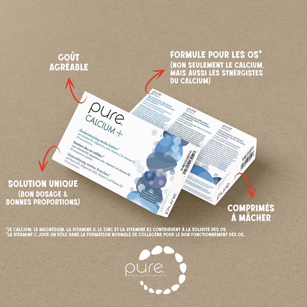 Deux boîtes Pure Calcium+. Souligné : Goût agréable, comprimés à mâcher, solution unique.