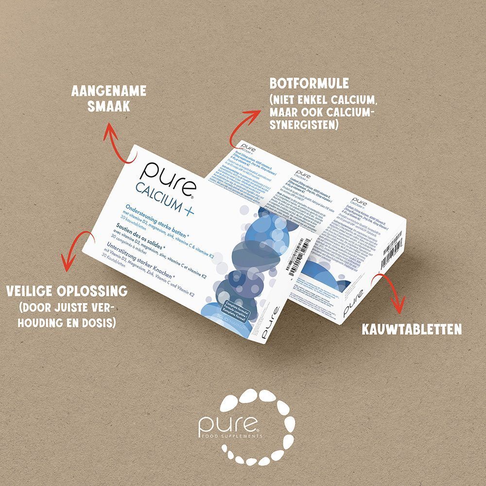 Twee Pure Calcium+ dozen. Uitgelicht: Aangename smaak, kauwtabletten, veilige oplossing.