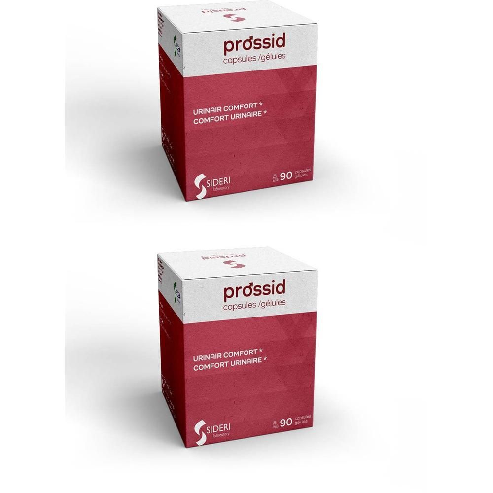 Twee rechthoekige dozen met "prossid capsules/gélules". Opschrift "URINAIRE COMFORT". Merk SIDERI, 90 capsules.