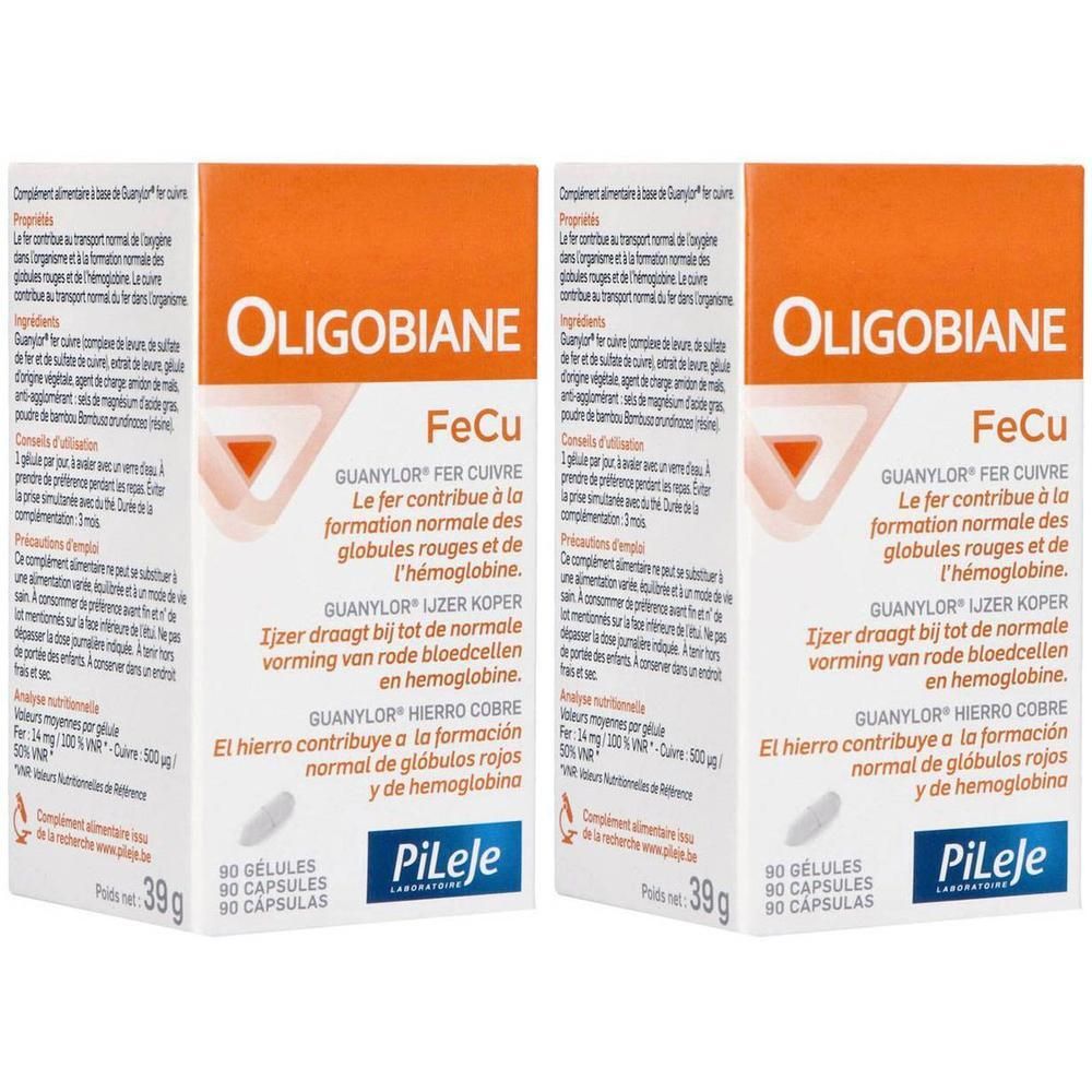 Twee oranje dozen Oligobiane FeCu. Bevat 90 capsules. Merk PiLeJe. Draagt bij tot de normale vorming van rode bloedcellen.