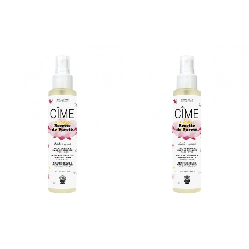 Twee spuitflessen met geelachtige vloeistof. Opschrift: Cîme, Recette de Pureté. Met bloemmotief en tekst.