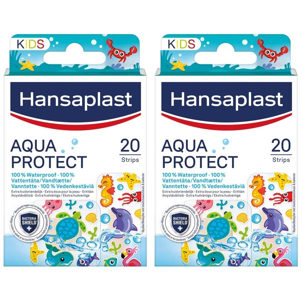 Twee verpakkingen Hansaplast Aqua Protect pleisters voor kinderen. Zeedierenmotief. 20 pleisters per verpakking. Waterdicht.