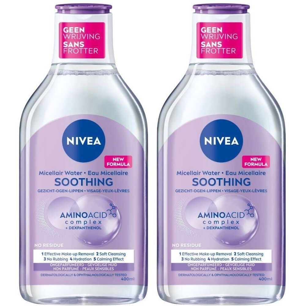 Deux flacons de NIVEA Eau Micellaire. Inscription : SOOTHING, AMINO ACID COMPLEX. Avec l'inscription : GEEN WRIJVING SANS FROTTER.