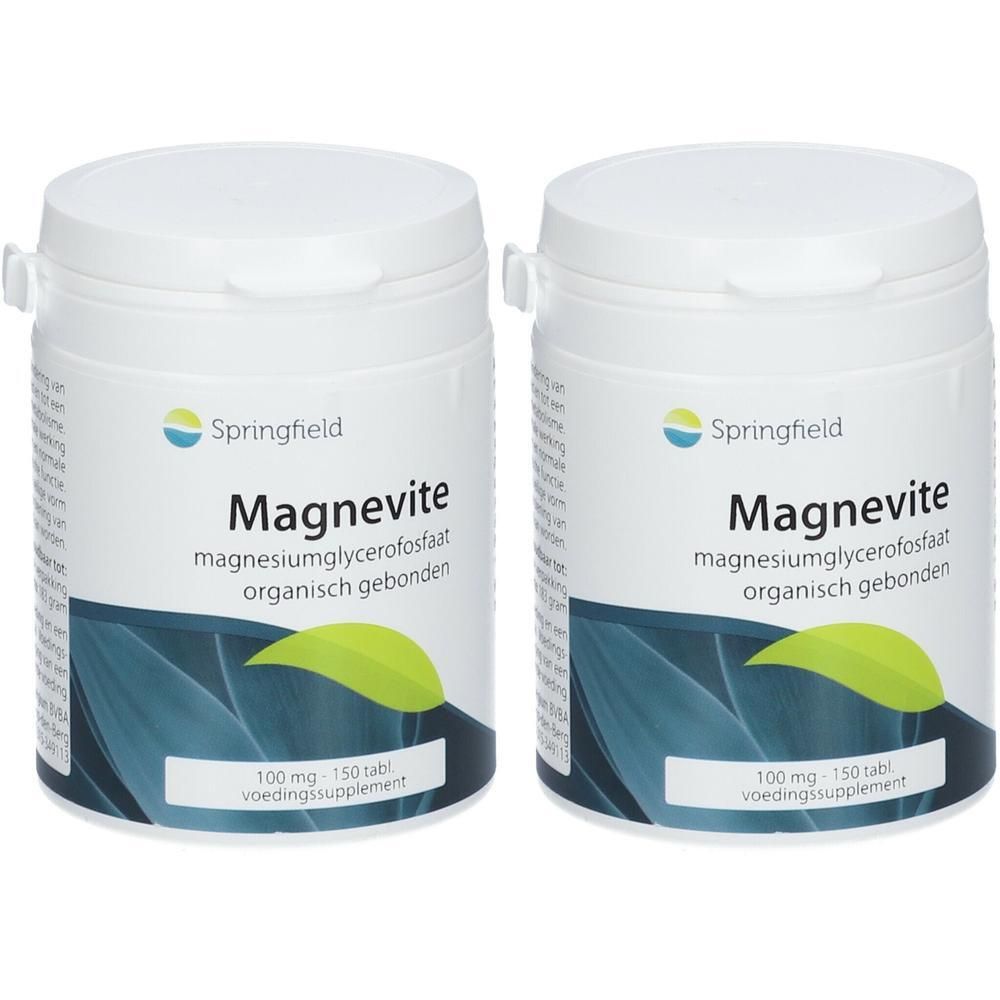 Twee witte potten met deksels. Opschrift: Springfield Magnevite, magnesiumglycerofosfaat, organisch gebonden. Voedingssupplement.