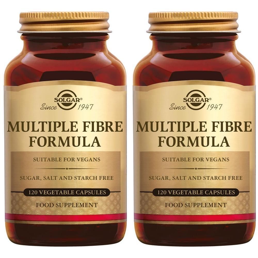 Twee bruine glazen flessen met gouden doppen. De etiketten tonen "MULTIPLE FIBRE FORMULA" en "120 VEGETABLE CAPSULES".