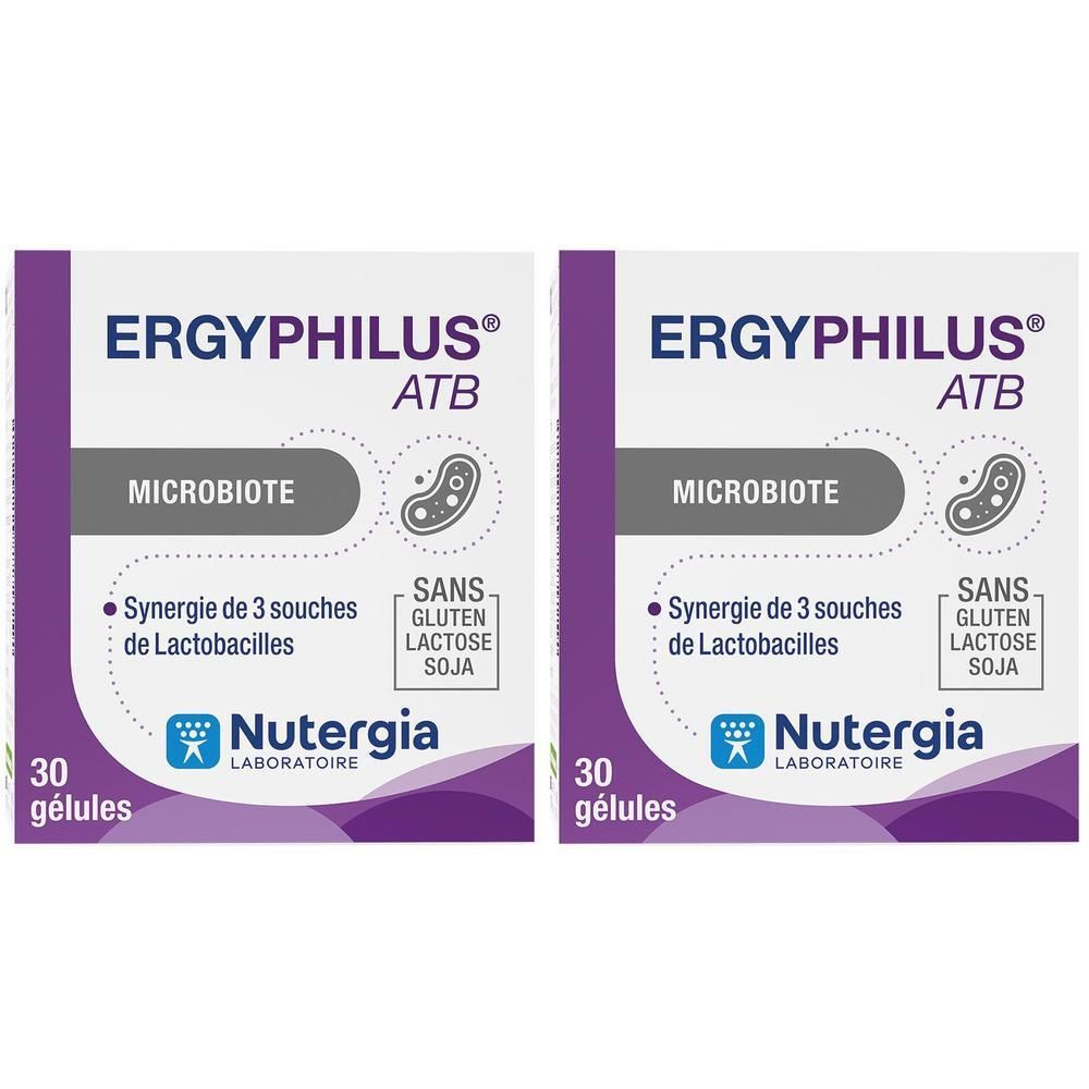 Deux boîtes Nutergia Ergyphilus ATB. Blanc, violet et bleu. Inscriptions : Ergyphilus ATB, Microbiote, 30 gélules, sans gluten, lactose, soja.