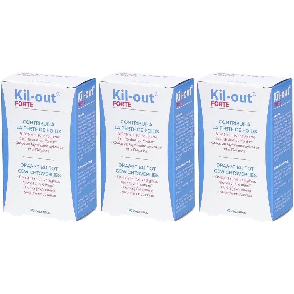 Drie dozen Kil-out Forte. Tekst in het Frans en Nederlands. Bevat 60 capsules.