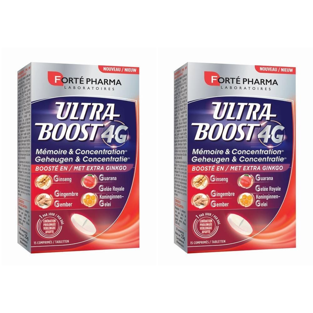 Deux boîtes de Forté Pharma Ultra Boost 4G. Inscription : Mémoire & Concentration, avec ginseng, gingembre, guarana, gelée royale.