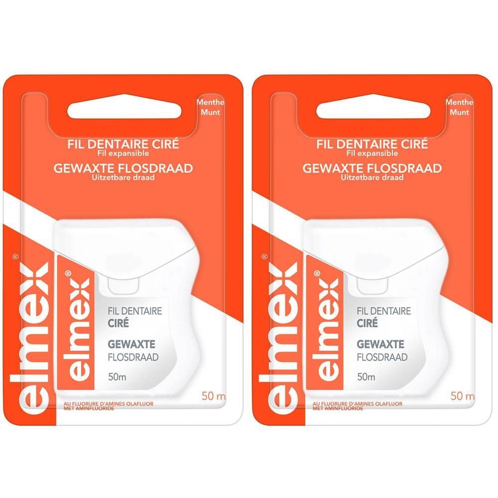 Deux paquets de fil dentaire ELMEX® ciré au fluorure d'amines. Boîtiers blancs en plastique, emballage orange.