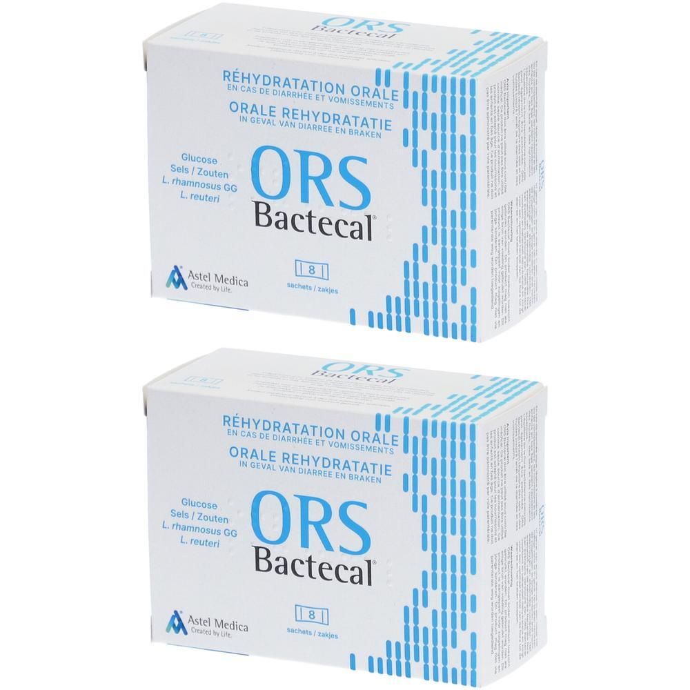 Twee dozen Bactecal® ORS. Opschrift: ORS Bactecal, Orale rehydratatie. Bevat 18 zakjes. Astel Medica logo.