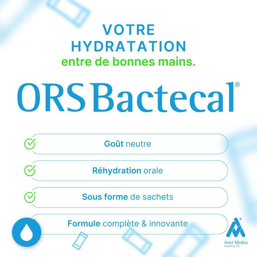 ORS Bactecal® : Goût neutre, réhydratation orale, sachets, formule complète.
