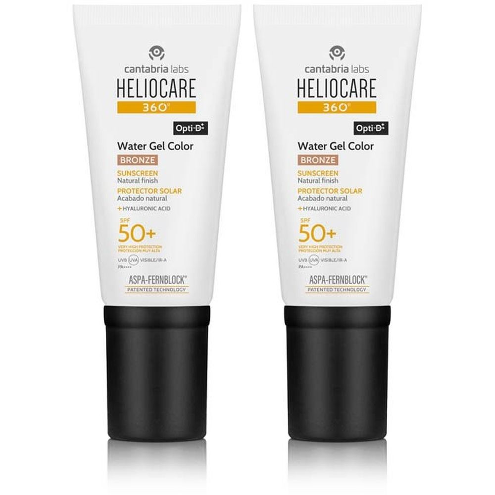 Twee tubes Heliocare 360° Water Gel Color Bronze SPF50+. Witte tubes met zwarte dop. Bedrukte productinformatie.