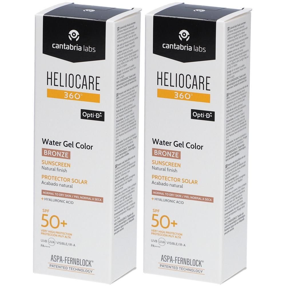 Deux boîtes rectangulaires Heliocare 360° Water Gel Color Bronze SPF50+. Texte et logo Cantabria Labs.