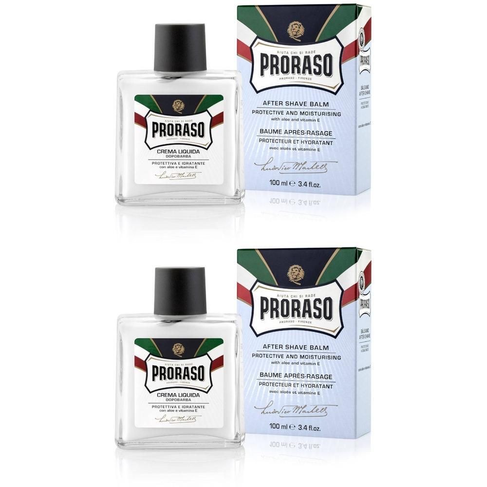 Twee flacons en dozen. Opschrift: PRORASO, After Shave Balm. Glazen flacons, zwarte dop. Verpakking met logo.