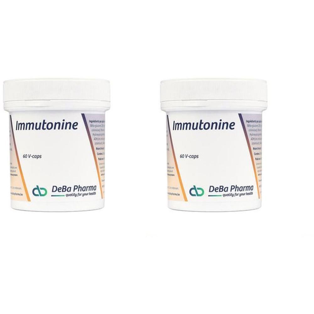 Deux boîtes blanches avec couvercles. Inscription: Immutonine, 60 V-caps, DeBa Pharma.