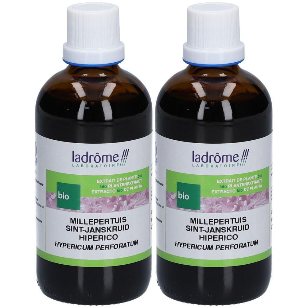 Deux flacons en verre brun avec bouchons blancs. Étiquette avec texte: Millepertuis, certification bio et logo de la marque.