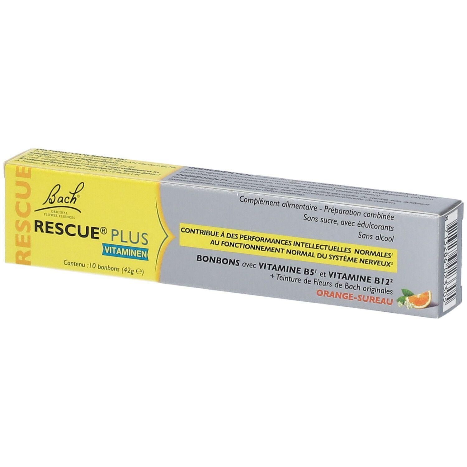 Boîte de bonbons Bach Rescue Plus. Emballage jaune et gris avec nom du produit et informations. Contient 10 bonbons.