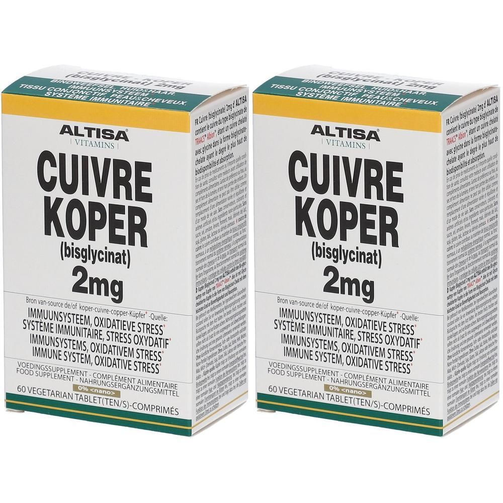 Deux boîtes rectangulaires avec l'inscription "ALTISA Vitamins Cuivre Koper (bisglycinat) 2mg". Inscription: Complément alimentaire.