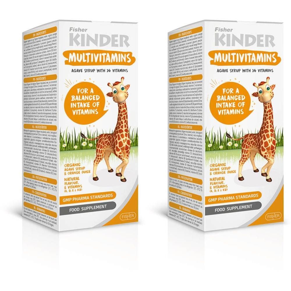 Deux boîtes de Fisher KINDER Multivitamines. Inscription : girafe, texte, 'Pour un apport équilibré en vitamines'. Normes GMP.