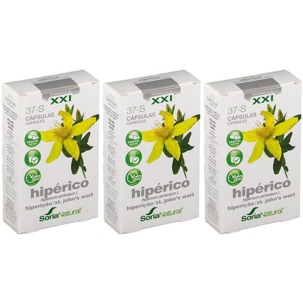 Drie dozen met "hipérico". Elke doos toont een gele bloem en groene bladeren. De merknaam is Soria Natural.