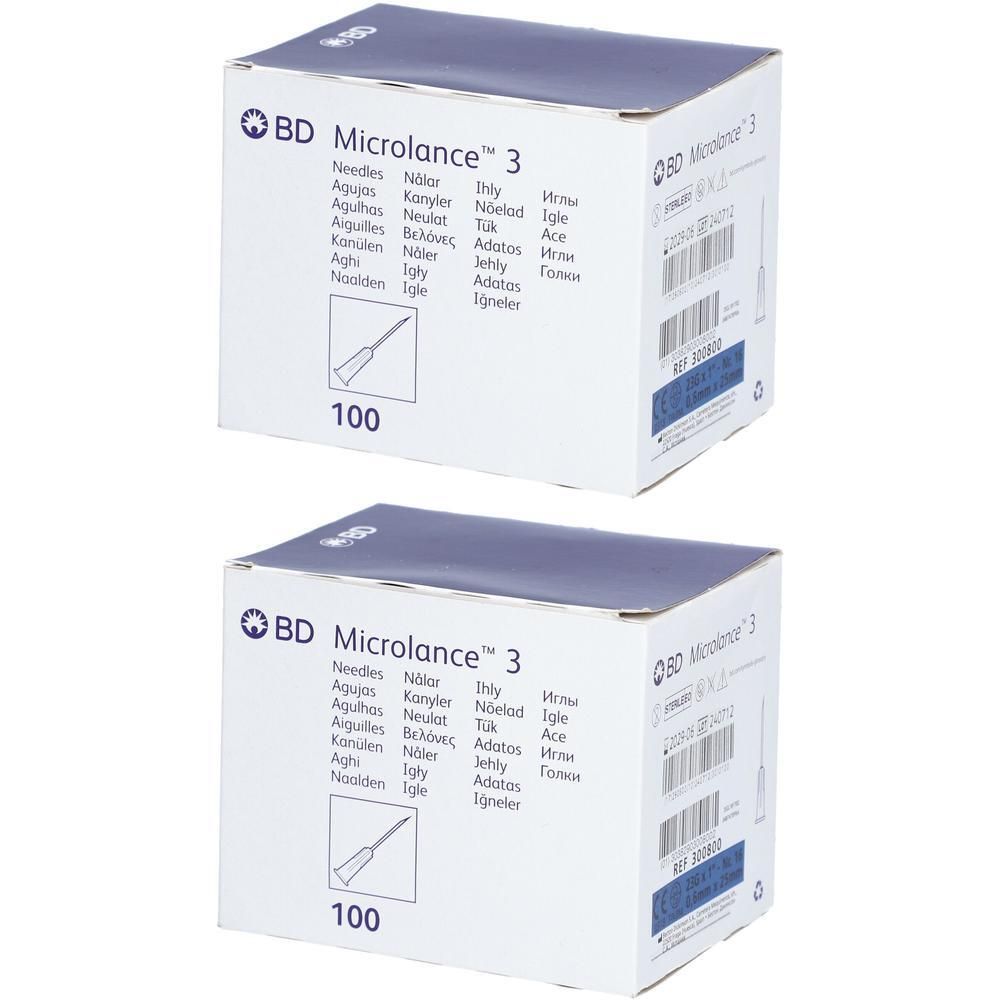 Twee dozen BD Microlance 3 naalden. Opschrift: 100 naalden. Productnaam en meer informatie.