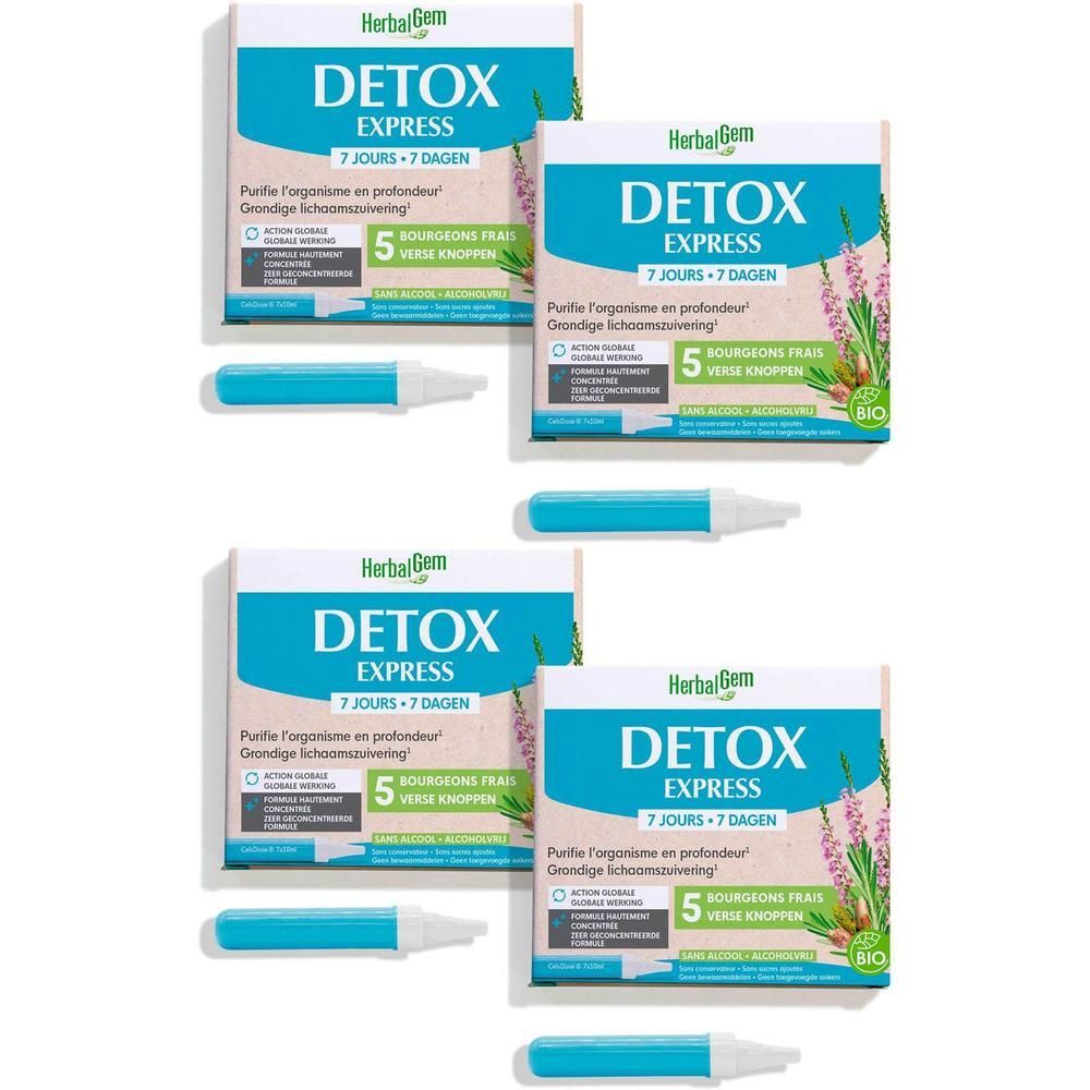 Plusieurs boîtes DETOX EXPRESS et des applicateurs bleus. Inscription: 7 JOURS 7 DAGEN, 5 bourgeons frais. Label BIO.