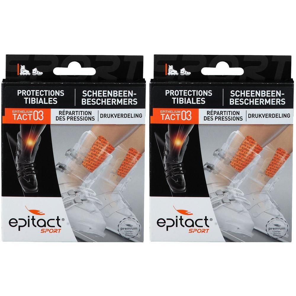 Twee verpakkingen Epitact Sport scheenbeschermers. Zwarte verpakking met productafbeelding en tekst. Logo Epitact Sport.