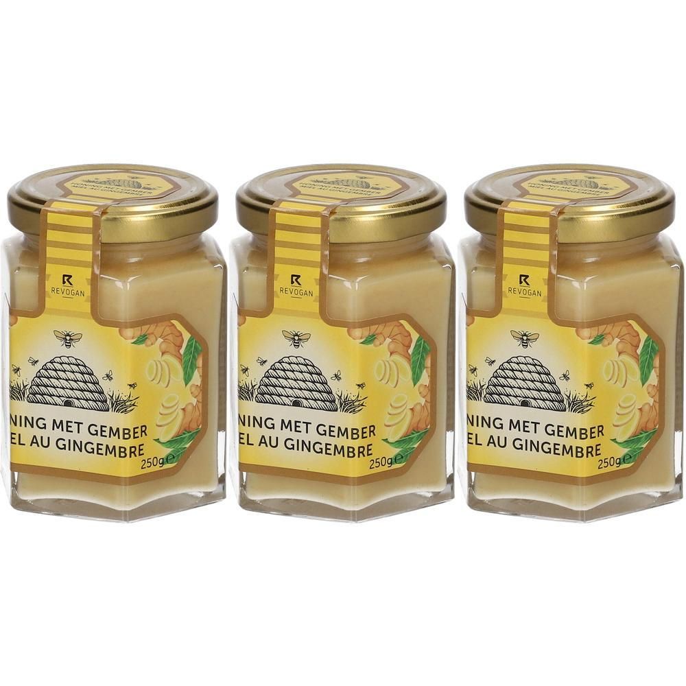 Drie potten honing met gember. Labels met tekst en logo. Gouden deksels en labels. Vierkante potten.