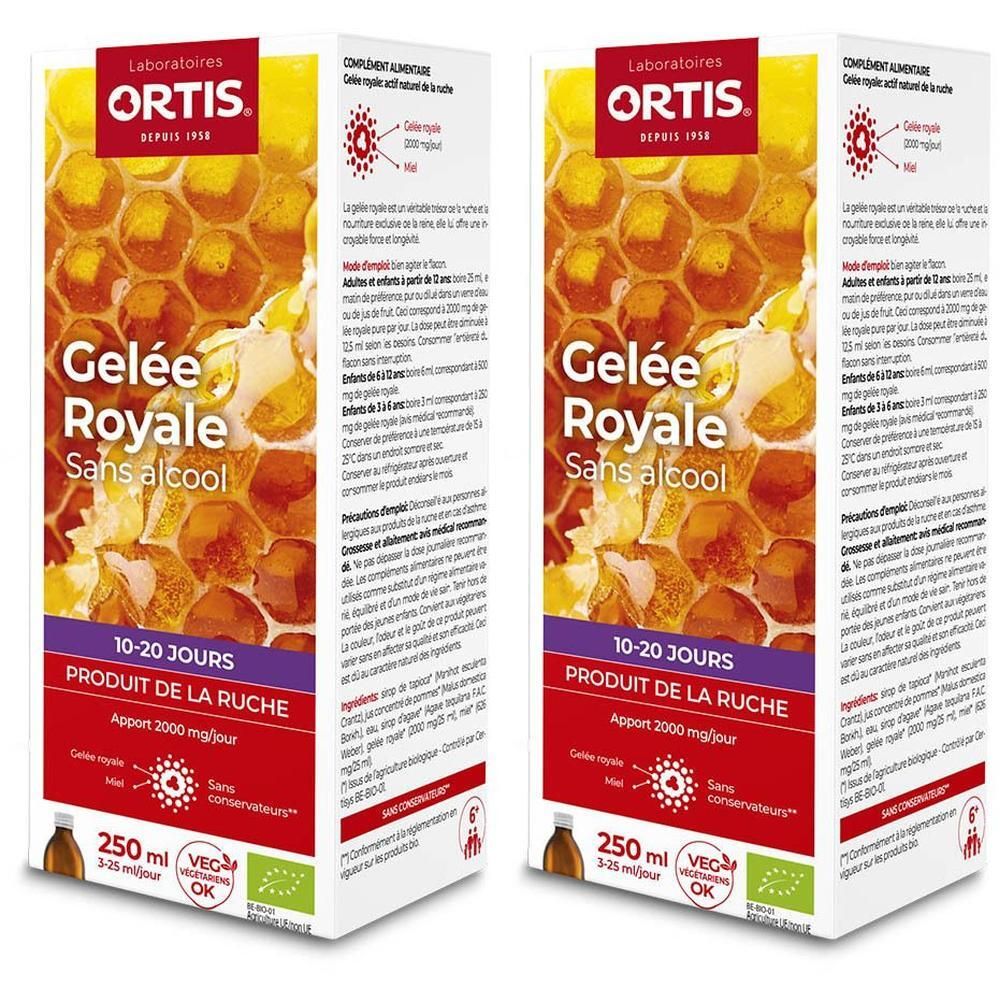 Boîte "Gelée Royale Sans alcool". 250 ml, 10-20 jours. Contient du miel et label bio.