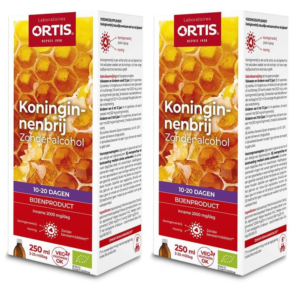 Doos "Koninginnenbrij Zonderalcohol". 250 ml, 10-20 dagen. Met honing en bio-label.