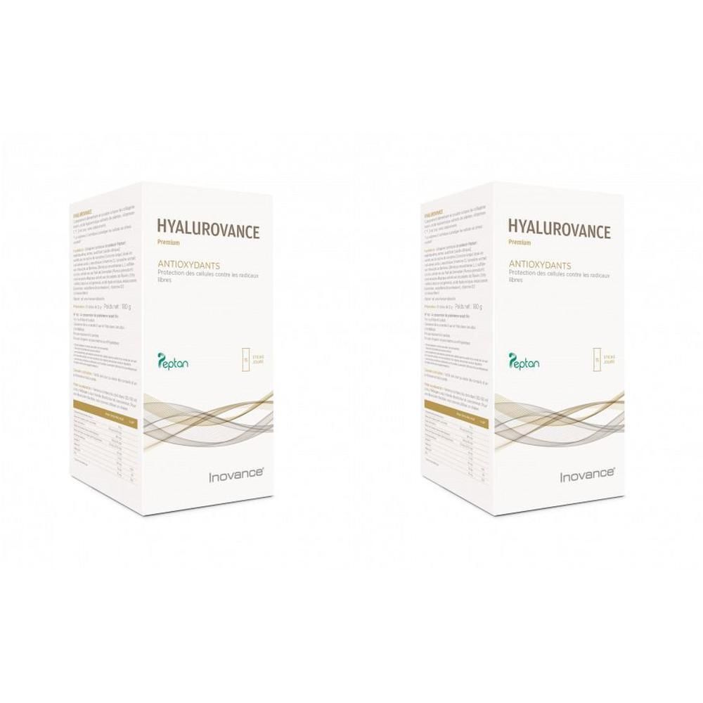 Twee witte dozen met HYALUROVANCE, Antioxidanten en Inovance-logo. Peptan-logo.
