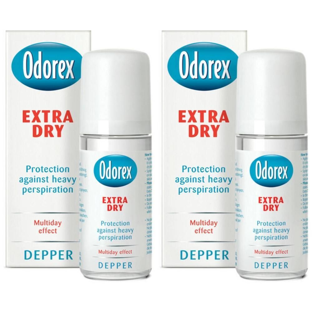 Twee roll-on deodorants en verpakkingen. Opschrift: Odorex Extra Dry, bescherming tegen overmatig zweten, Depper.