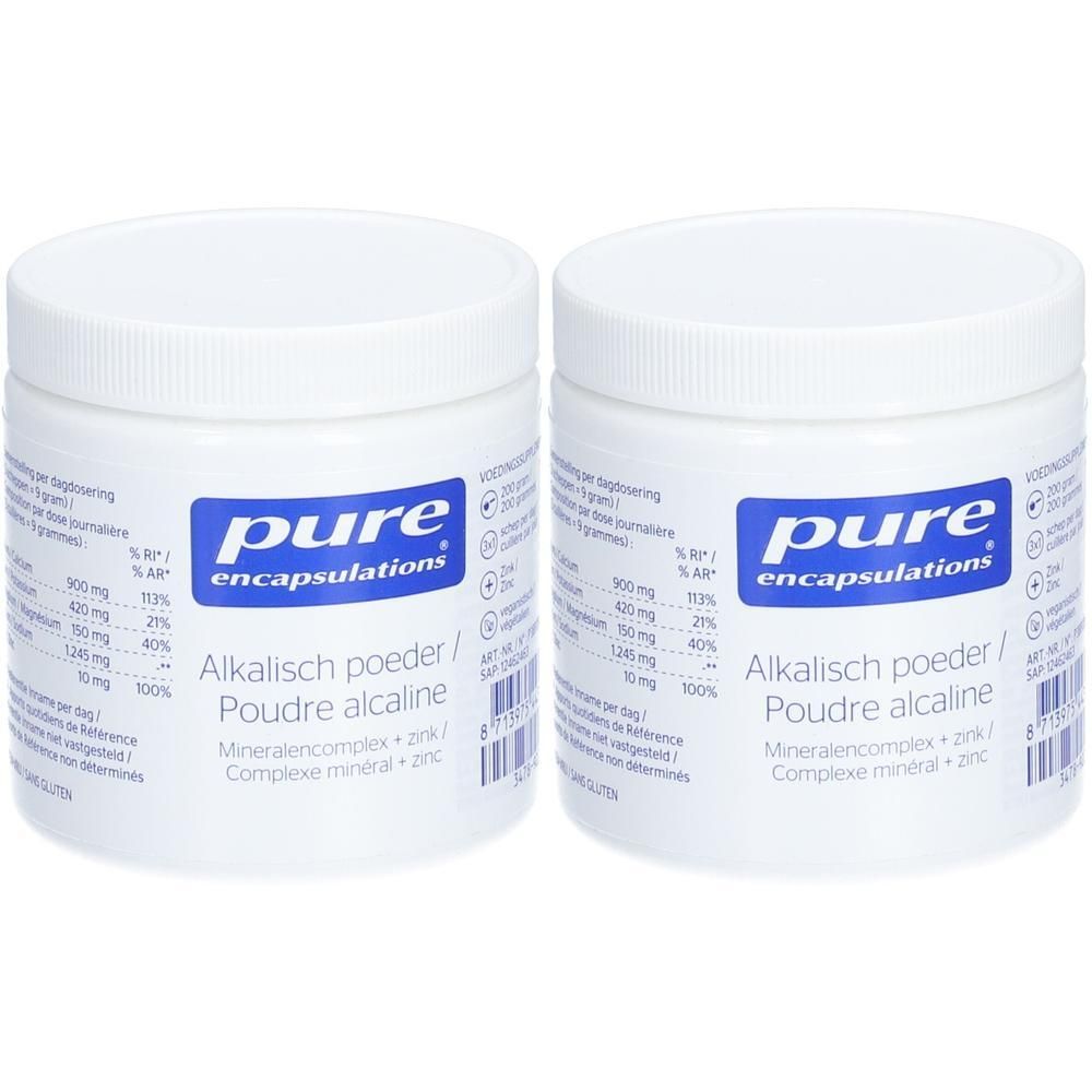 Twee witte potten met blauw etiket. Op het etiket staat "pure encapsulations" en "Alkalisch poeder / Poudre alcaline". 