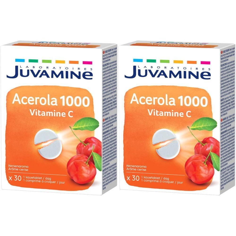 Deux boîtes de Juvamine Acerola 1000 Vitamine C. Illustration de cerises et comprimé. Inscription : x30 comprimés.