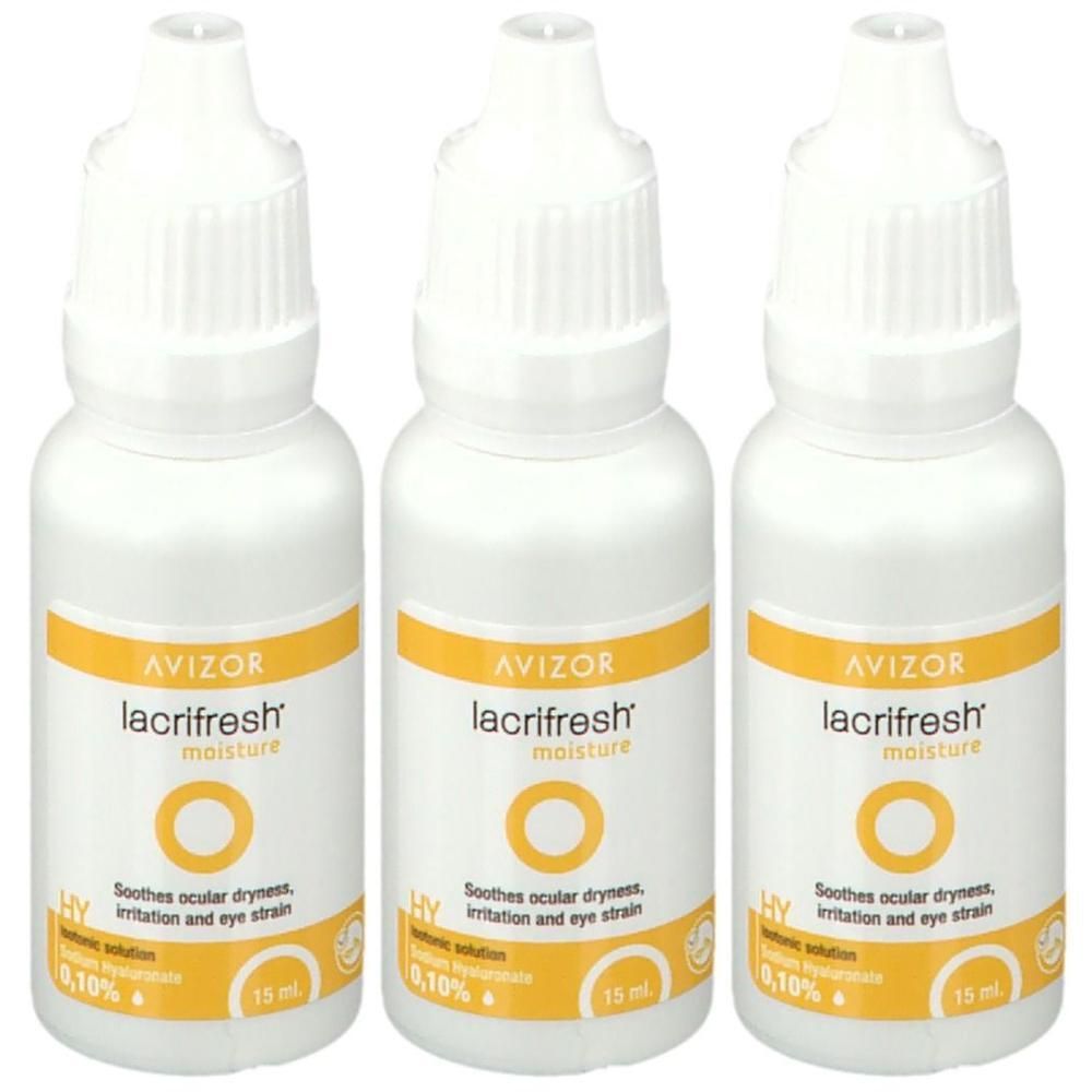 Trois flacons blancs avec étiquettes jaunes. Inscription: AVIZOR lacrifresh moisture. Contient 15 ml. Soulage la sécheresse oculaire, l'irritation.