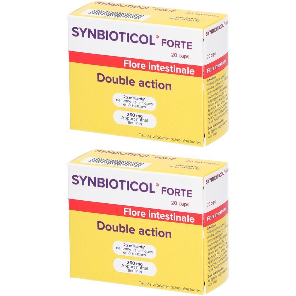 Twee gele dozen met de tekst SYNBIOTICOL FORTE, 20 caps, Flore intestinale, Double action. Opschrift in het Frans.