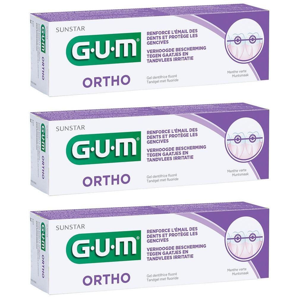 Drie tubes GUM Ortho tandgel. Verpakking met GUM logo, Ortho en productinformatie in meerdere talen.
