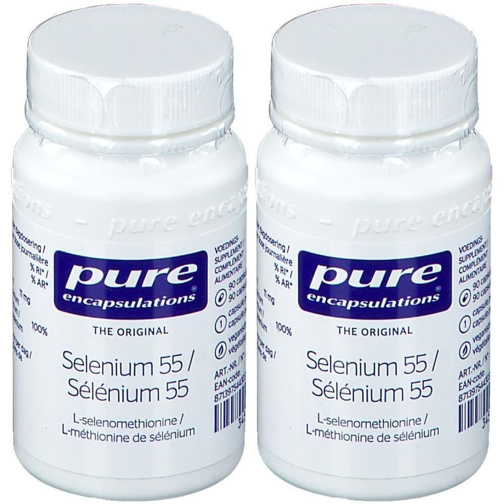 Deux flacons blancs de compléments alimentaires. Marque: Pure Encapsulations. Contient Sélénium 55/Sélénium 55 et L-sélénométhionine.