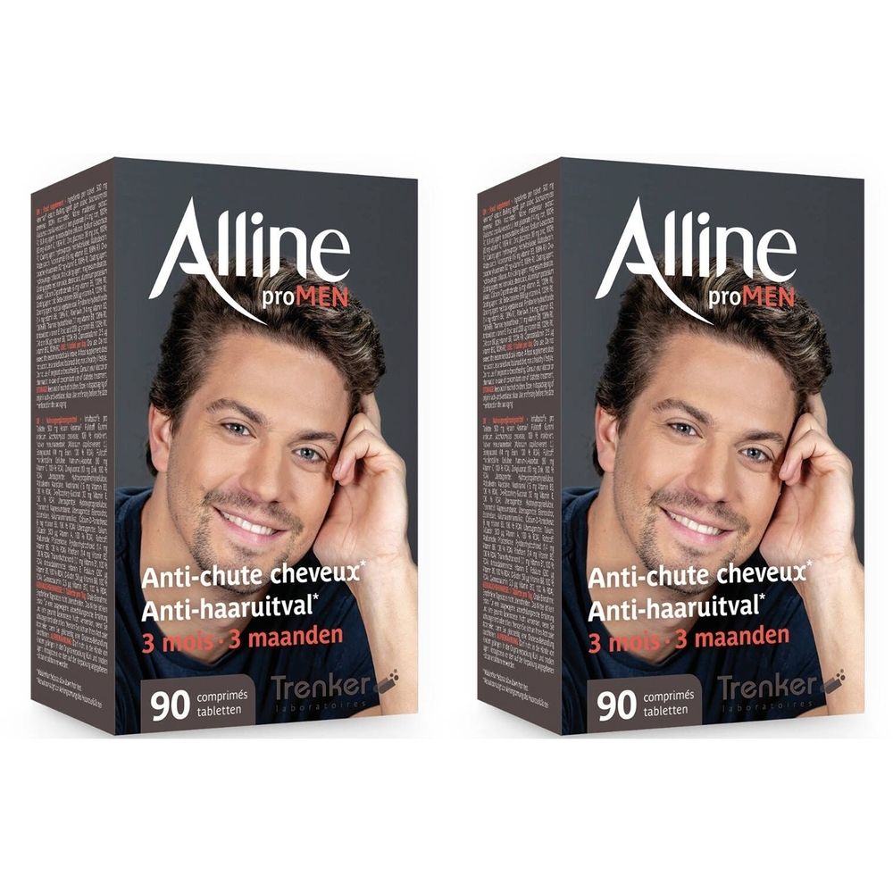 Twee dozen Alline proMEN. Opschrift: Anti-haaruitval, 90 tabletten. Afgebeeld is een man.