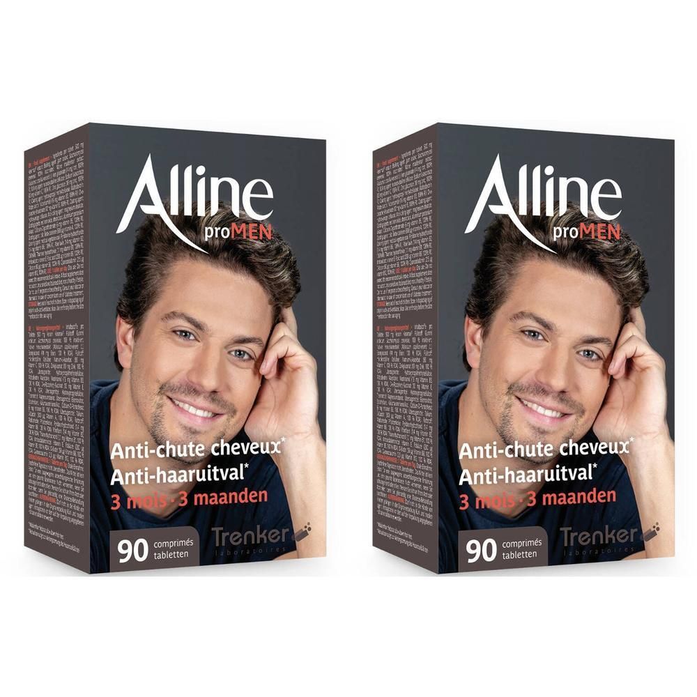 Twee dozen Alline proMEN. Opschrift: Anti-haaruitval, 90 tabletten. Afbeelding van een man.