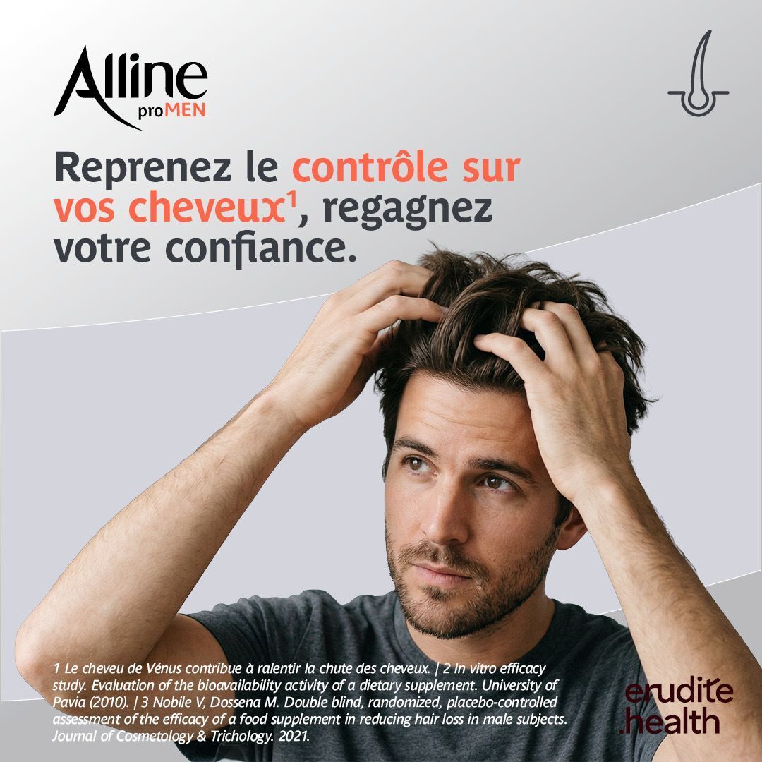 Homme avec les mains dans les cheveux, publicité Alline proMen pour les soins capillaires.