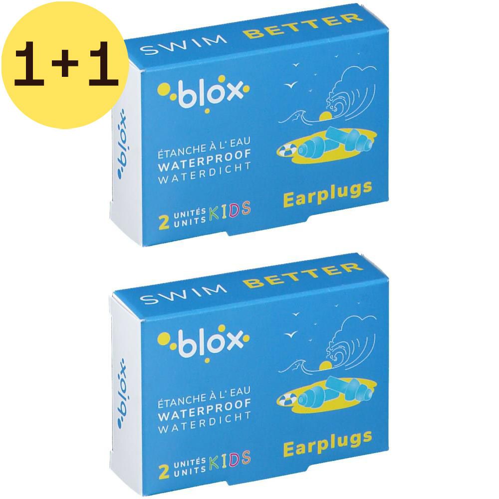 Twee blauwe dozen met "blox" logo en tekst. Opschriften: "SWIM BETTER", "ÉTANCHE À L'EAU", "WATERPROOF", "WATERDICHT", "2 UNITS KIDS Earplugs".