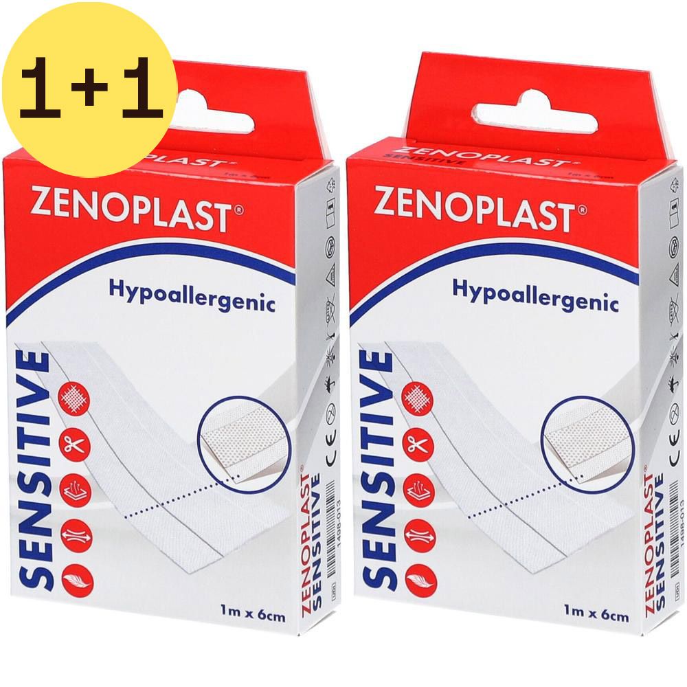 Deux boîtes rectangulaires avec le dessus rouge. Inscription : ZENOPLAST, Hypoallergénique, SENSITIVE. Dimensions : 1 m x 6 cm.