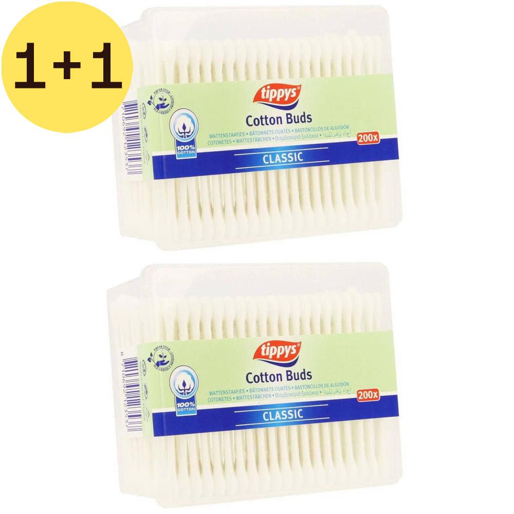 Deux boîtes de cotons-tiges. Inscription : Tippys, Cotton Buds, Classic. 200 pièces. 100% coton.