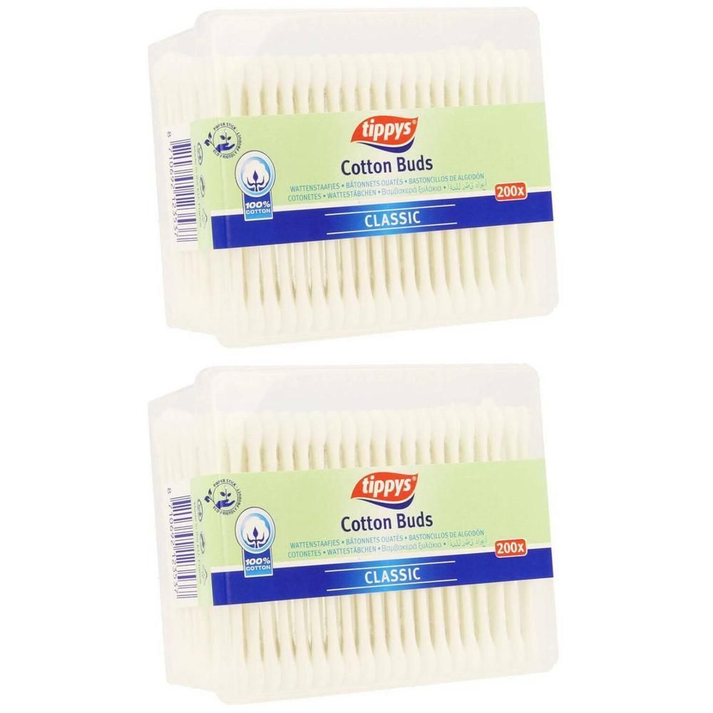 Twee pakken tippys® Wattestäbchen Classic, elk 200 stuks.