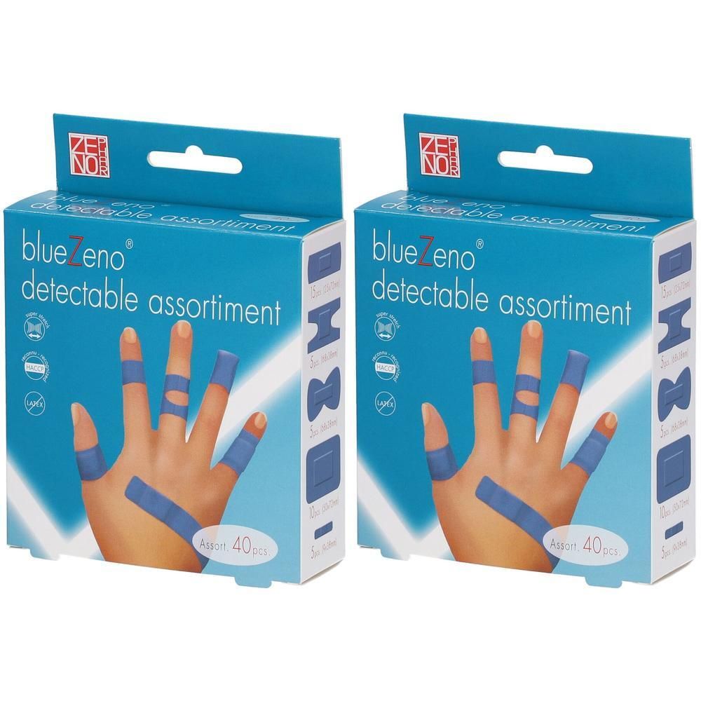 Twee dozen met blauwe, detecteerbare pleisters. Een assortiment is aangebracht op een hand. De dozen tonen "blue zeno detectable assortment".