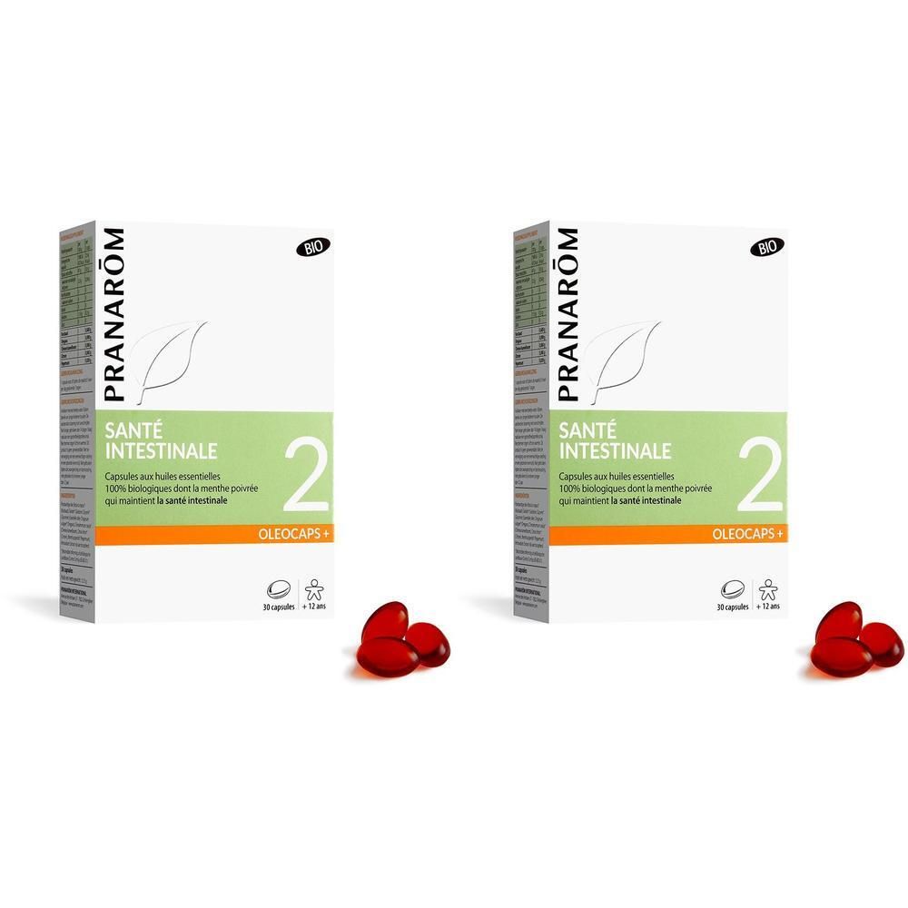 Deux boîtes "Santé Intestinale 2 Oleocaps+". Capsules rouges à côté.