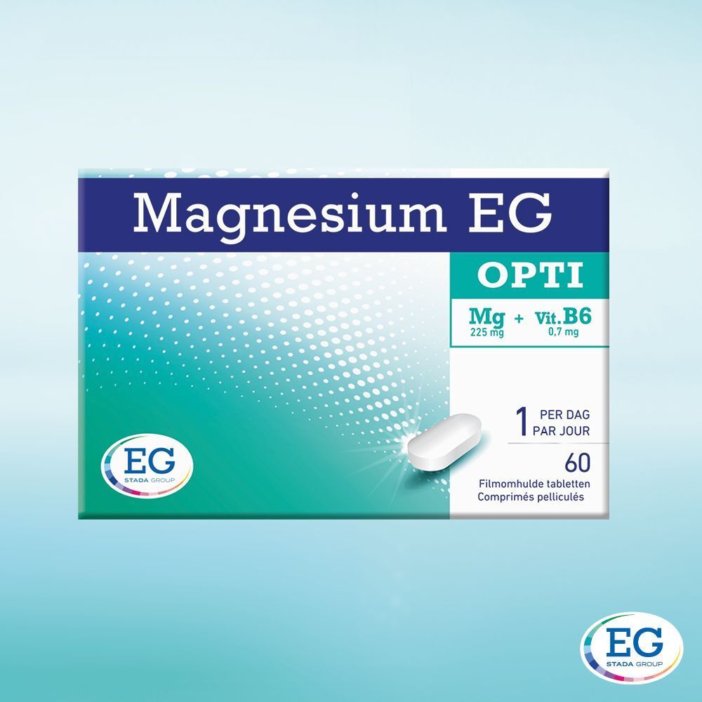 Verpakking Magnesium EG OPTI. Blauwe verpakking met witte tabletten. Bevat magnesium en vitamine B6. 60 tabletten.