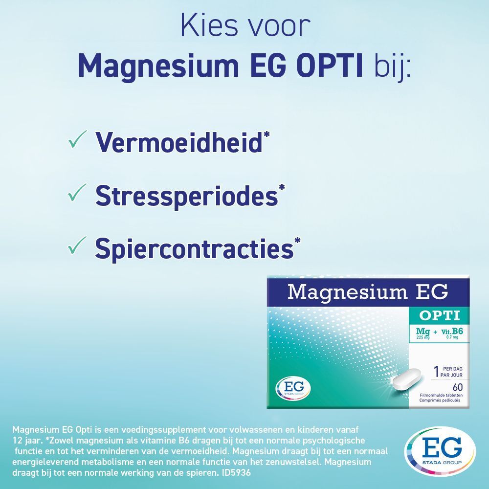 Verpakking Magnesium EG OPTI. Blauwe verpakking met witte tabletten. Bevat magnesium en vitamine B6. Tekst: En cas de fatigue.